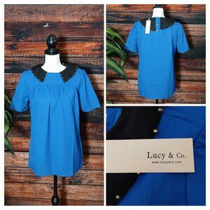 NWT Lucy & CO Paris Top Blouse S/M Blue Studded Pan Collar Button Back Retro